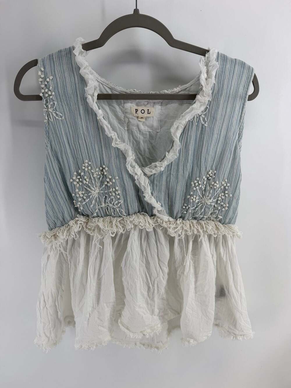 POL Size M Embroidered Peplum Top Blue White Boho Cottagecore Coastal